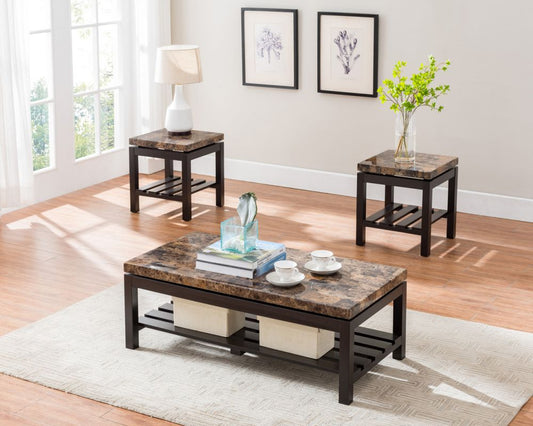 3 pc espresso coffee table set with Light Brown Marble