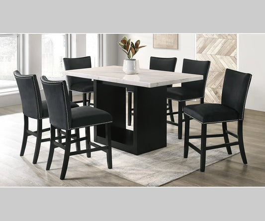 Folando Real Marble Pub Table with 6 Black Chairs P6335 KW-365