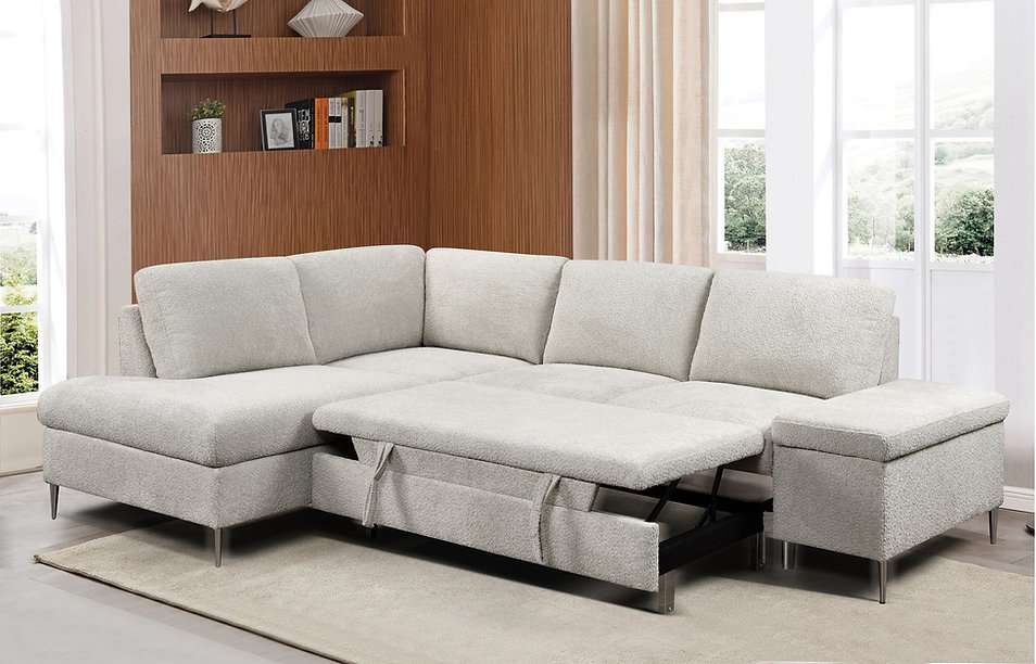 IF-9023 Beige Boucle Fabric Sofa Bed Sectional w/ Storage (LHF)