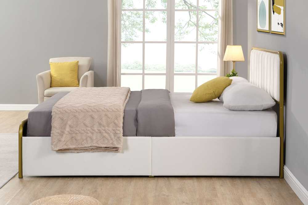 OFF White Storage Bed With Velvet Fabric & Brushed Gold Metal Trim T2334