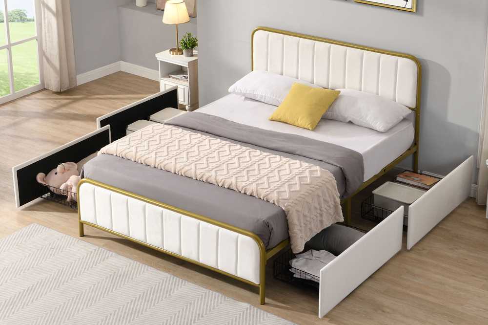 OFF White Storage Bed With Velvet Fabric & Brushed Gold Metal Trim T2334