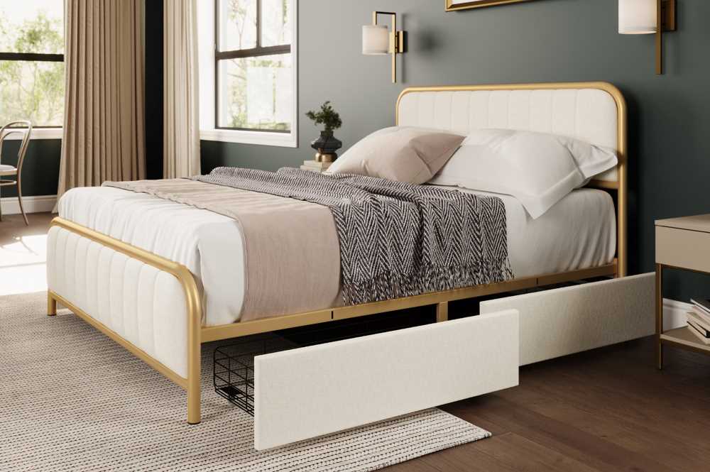 OFF White Storage Bed With Velvet Fabric & Brushed Gold Metal Trim T2334