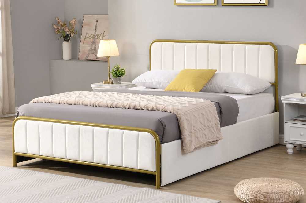 OFF White Storage Bed With Velvet Fabric & Brushed Gold Metal Trim T2334