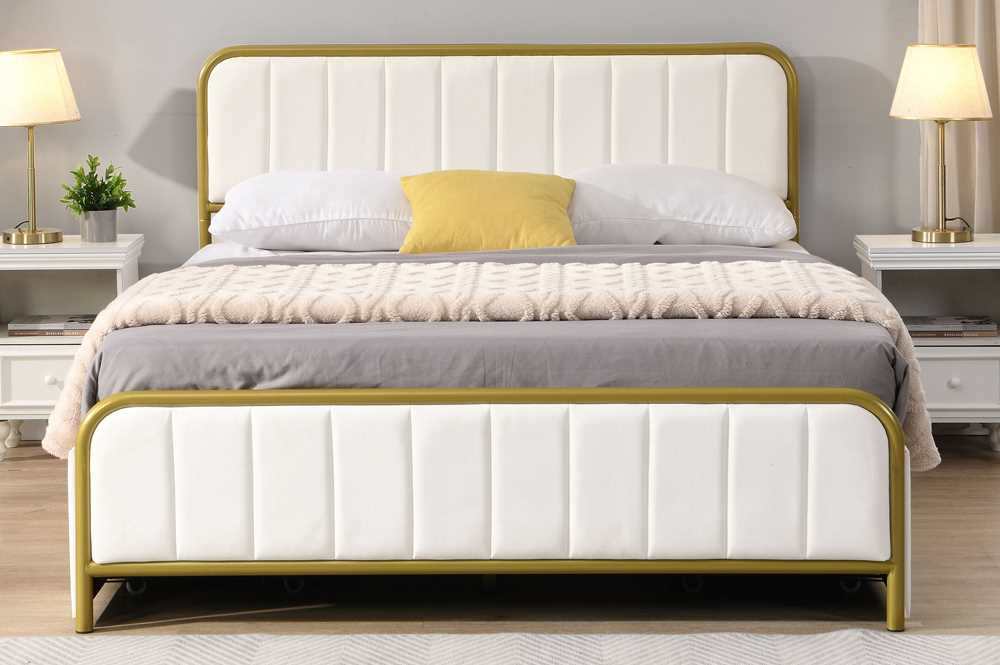 OFF White Storage Bed With Velvet Fabric & Brushed Gold Metal Trim T2334
