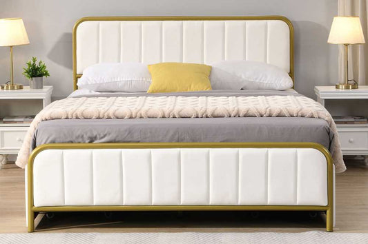 OFF White Storage Bed With Velvet Fabric & Brushed Gold Metal Trim T2334