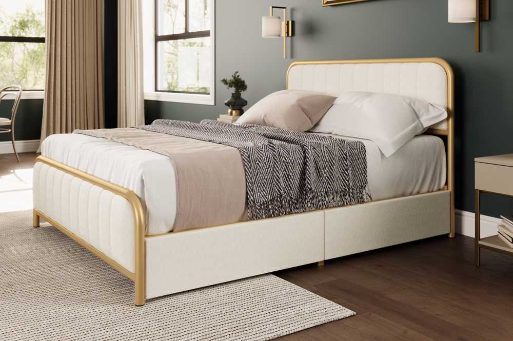 OFF White Storage Bed With Velvet Fabric & Brushed Gold Metal Trim T2334