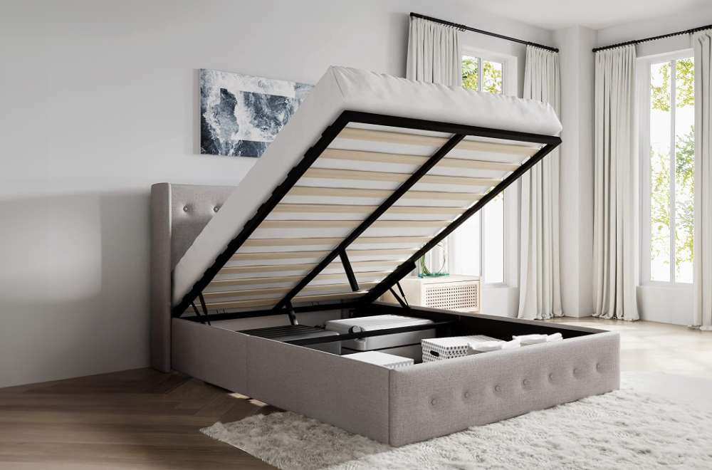 Grey Linen Platform Bed w/ Hydraulic Storage T2162-365