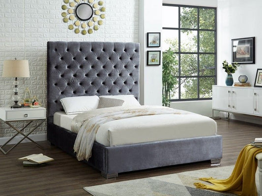 Grey Velvet Fabric Queen Bed With A Heavily Button Tufted Headboard