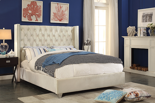 Creme Velvet  Tufted Bed With Nailhead 5892 IF365