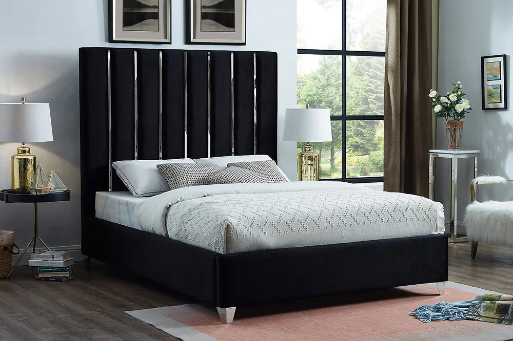 Velvet Fabric, Chrome Vertical Channel Headboard white IF5622 /Black IF5621