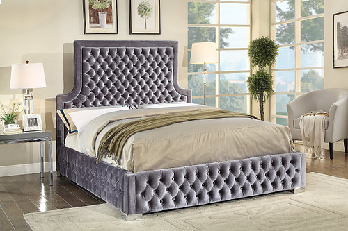 Grey Velvet Fabric High Back platform Bed IF05 - 5600