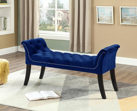 Navy blue velvet bench with deep tufting and nailhead IF-6232