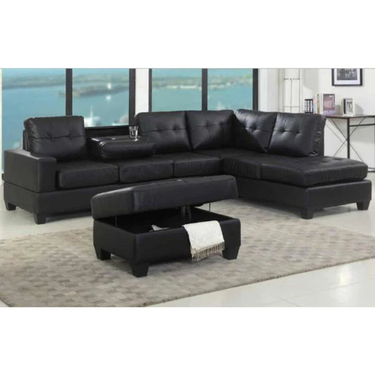 Reversible Sectional Sofa with Ottoman Black PU