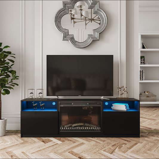 70-inch TV Stand with Fireplace, Black Gloss Finish