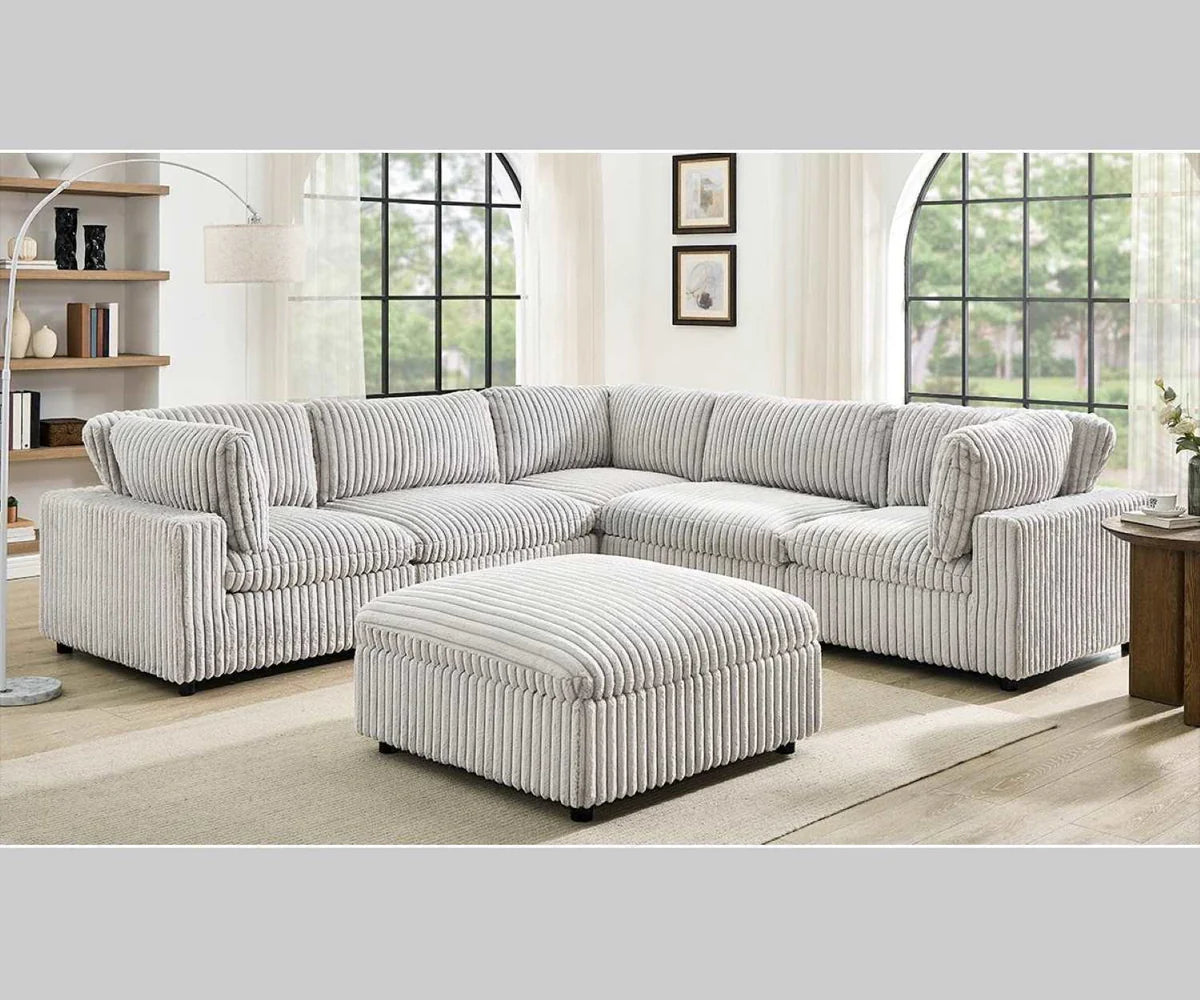 Colton Mink Fabric Modular Sectional With Ottoman Light Grey 8989 KW