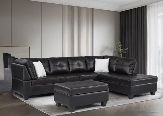 University Sectional PU Black with Ottoman Queensons