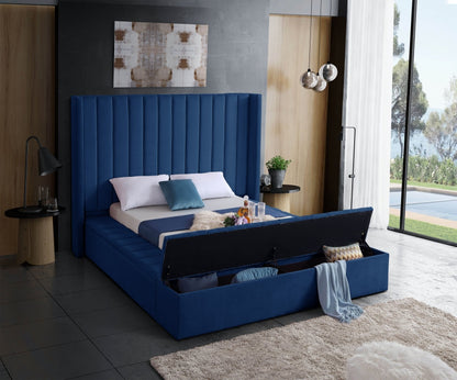 Blue Velvet Fabric Bed with channel tufting and 3 Storage Benches IF-5721