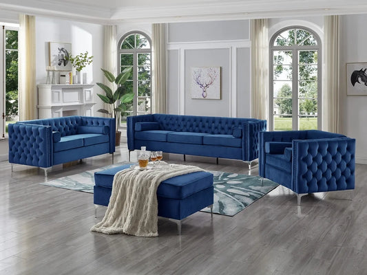 Blue Velvet Fabric Sofa Set with Deep Tufting IF8008