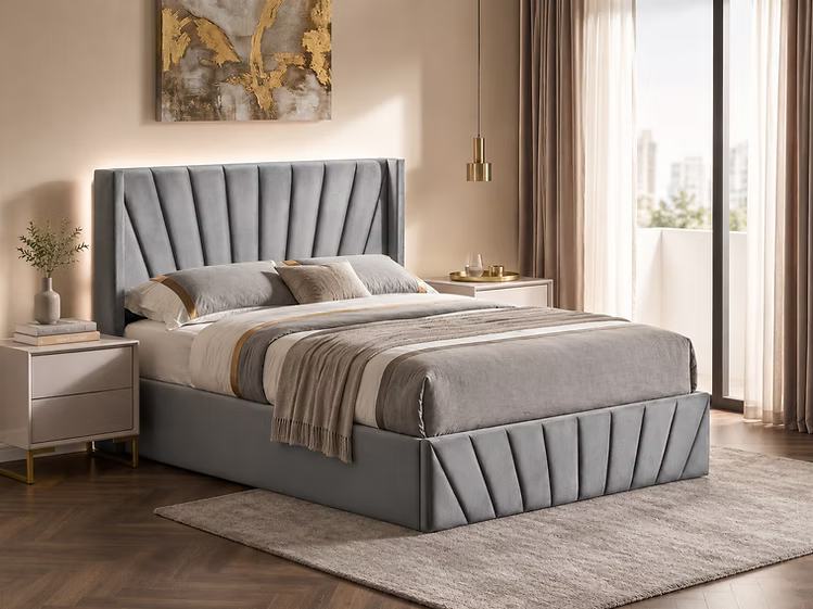 Grey Velvet Platform Bed w/ Hydraulic Storage IF-5870-365