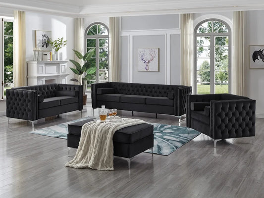 Black Velvet Fabric Sofa Set with Deep Tufting IF8007