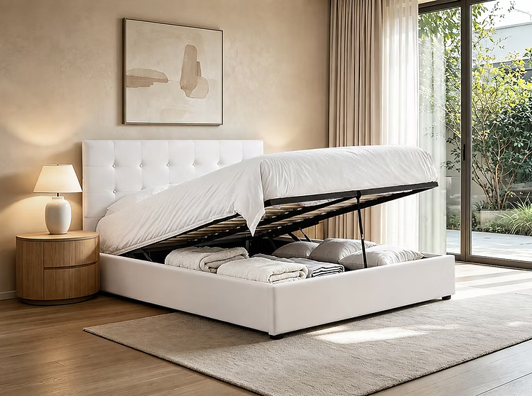 Platform Bed w/ Hydraulic Storage Creme Fabric IF-5446-365