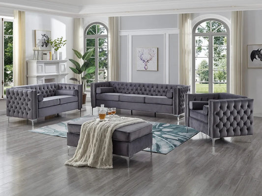 Grey Velvet Fabric Sofa Set with Deep Tufting IF8006