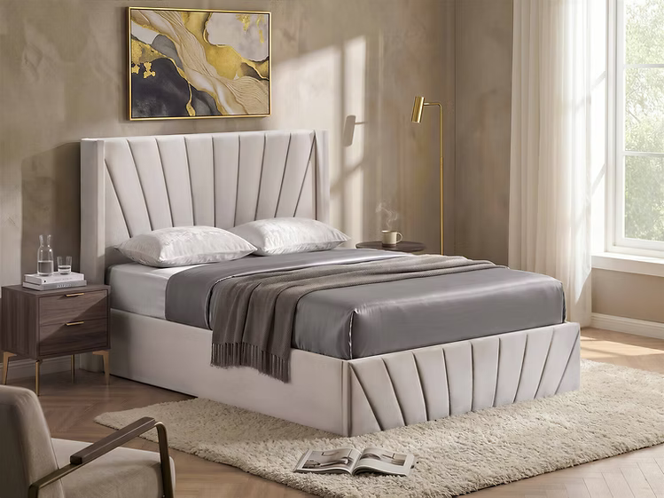 Creme Velvet Platform Bed w/ Hydraulic Storage IF-5872-365