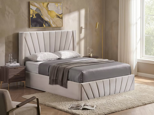 Creme Velvet Platform Bed w/ Hydraulic Storage IF-5872-365
