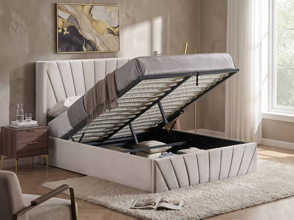 Creme Velvet Platform Bed w/ Hydraulic Storage IF-5872-365