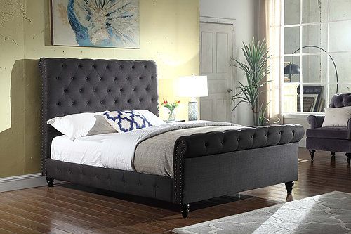 Charcoal Fabric Sleigh Queen Bed With Nailhead IF05-5750