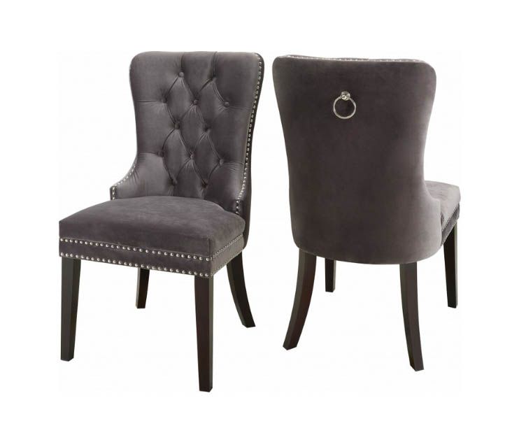 Grey blue velvet dining chair with nailheads