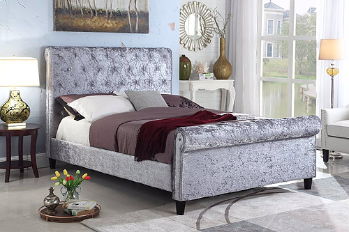 Grey Velvet Fabric Sleigh Queen Bed IF05-5725
