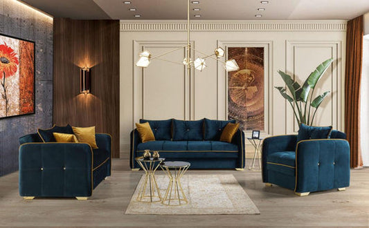 Blue & Gold Velvet Sofa Bed Set With Storage- Turkish Made- Model Torino